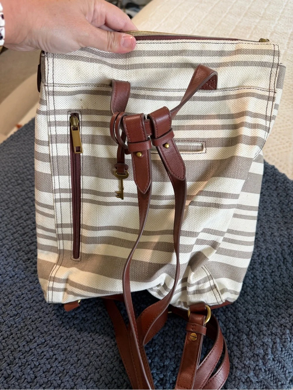 Fossil Cream & Brown Striped Canvas Backpack